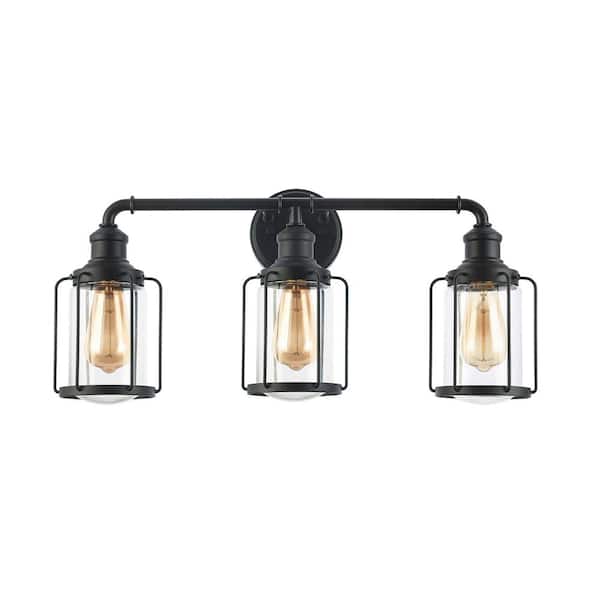 Jushua 24 in. W. 3-Light Matte Black Vanity Light with Clear glass Shade