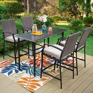 5-Piece Metal Outdoor Patio Bar Height Dining Set with Rectangle Table and Rattan Bistro Chairs with Beige Cushions