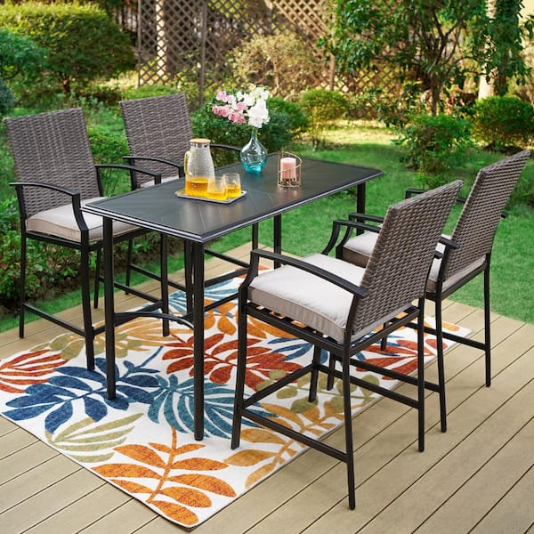 PHI VILLA 5-Piece Metal Outdoor Patio Bar Height Dining Set with Rectangle Table and Rattan Bistro Chairs with Beige Cushions