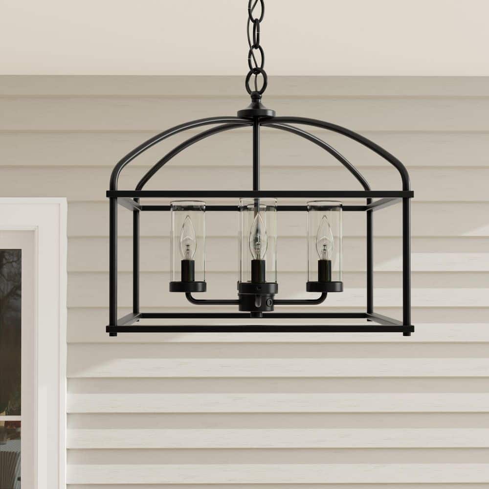 Swansea Matte Black Steel Outdoor Cage Chandelier with Clear Glass Shades