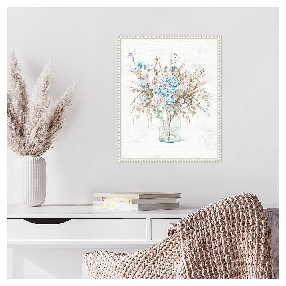 Blue Flowers in Glass Vase with White Beaded Frame Canvas Wall Art