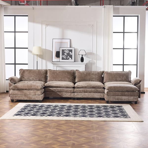 KD 155 in. Wide Pillow Top Arm Chenille U-shaped Sofa in Brown with Ottoman
