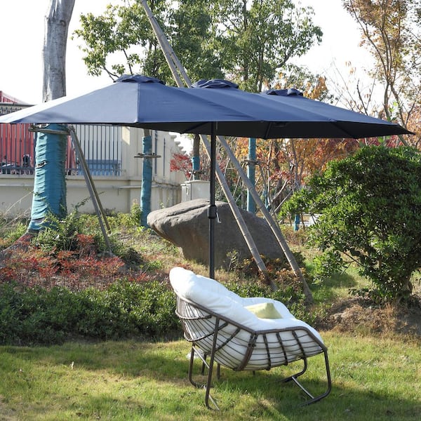 Zeus & Ruta 14.8 ft. Double Sided Outdoor Umbrella Rectangular Large with Crank in Navy blue