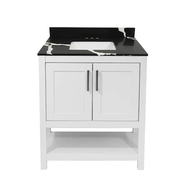 Amluxx Tufino 25 in. W x 19 in. D Bath Vanity in White with Quartz Stone Vanity Top in Calacatta Black with White Basin