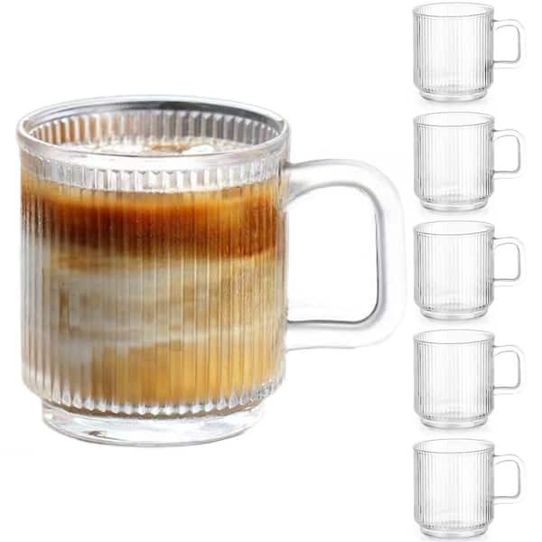 6-Piece 12 oz. Premium Vertical Stripes Glass Coffee Mugs with Handle, Transparent Tea Cup Set for Hot Beverages