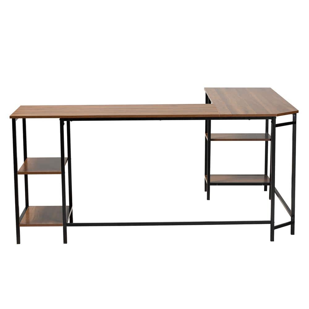 Lydia Modern Walnut Brown Wood L-Shaped Corner Desk with Metal Frame