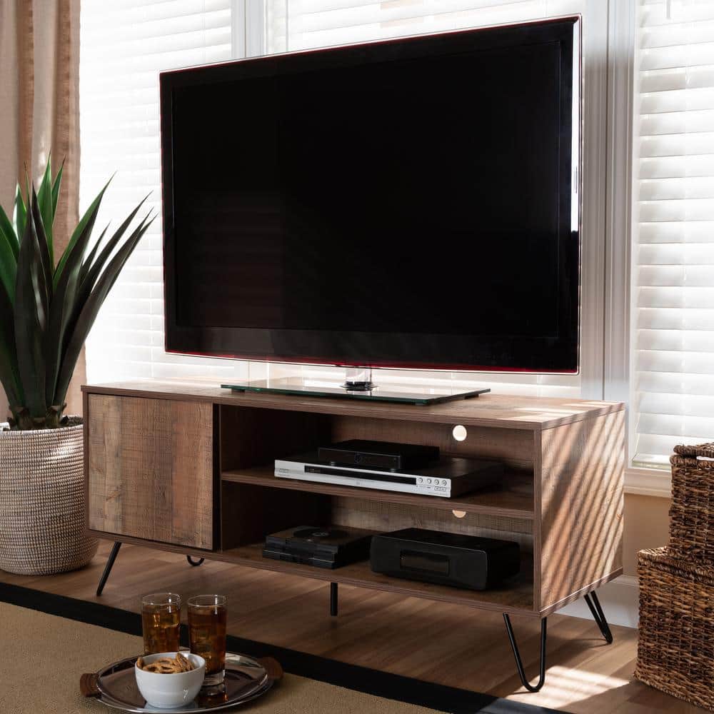 Retro Rustic Oak 48" TV Stand with Black Hairpin Legs and Cabinet