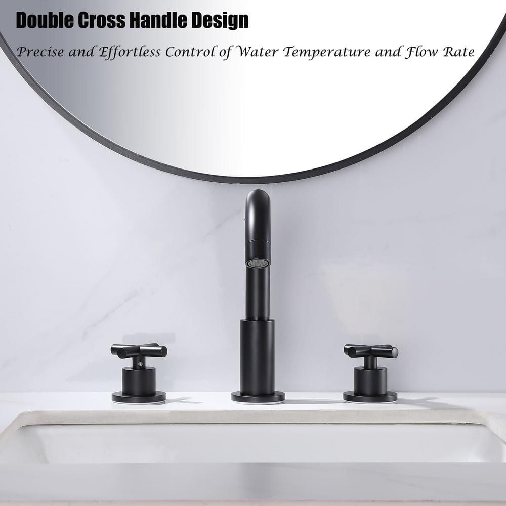 Matte Black Brass 8-Inch Widespread Bathroom Faucet with Cross Handles
