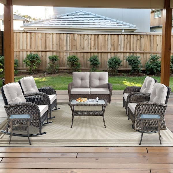 Opohoro Brown 8-Piece Wicker Patio Conversation Set with Swivel Rockers, Outdoor Glider Seating Set with Beige Cushions