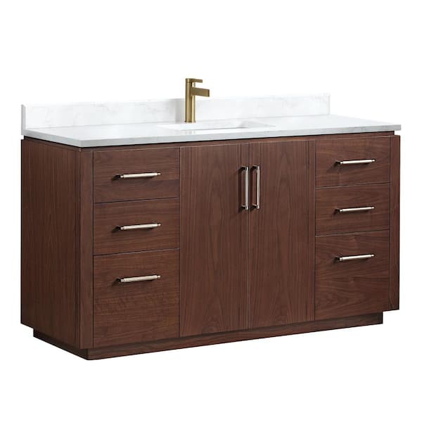 San 60 in.W x 22 in.D x 33.8 in.H Single Sink Bath Vanity in Natural Walnut with White Composite Stone Top