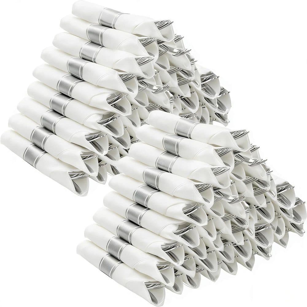 100 Pack Pre Rolled Silver Plastic Disposable Cutlery Set with 100 Napkins, Knives, Forks and Spoons for Parties price history on PriceWatchPro