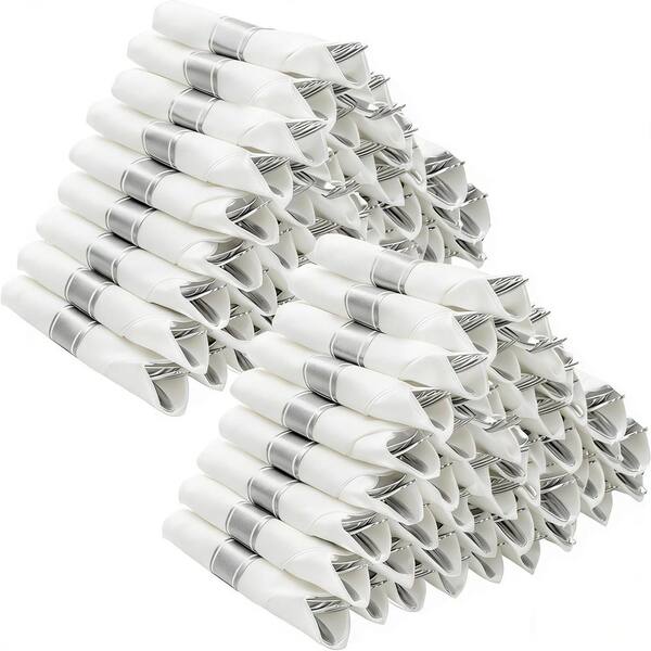 100 Pack Pre Rolled Silver Plastic Disposable Cutlery Set with 100 Napkins, Knives, Forks and Spoons for Parties