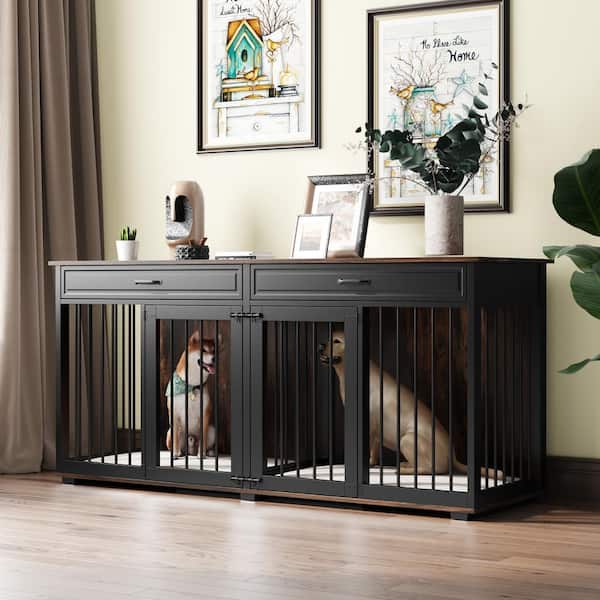 Large Dog Crate Furniture with 2-Drawers, Indoor Wooden Double Dog Cage Kennel for S M L Dogs, Black and Tiger Skin