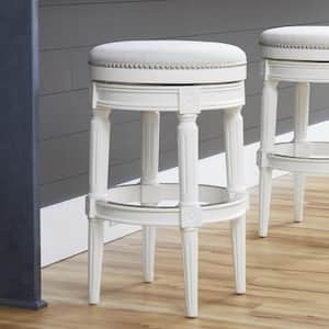 Chapman 31 in. Farmhouse White Backless Wood Swivel Bar Stool with Upholstered Gray Seat, 1-Stool
