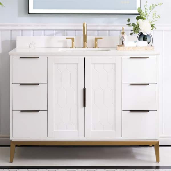ANGELES HOME 48 in.W Solid Wood Bath Vanity in White with White Quartz Top, Single Sink, Soft-Close Drawer and Door, Assembled