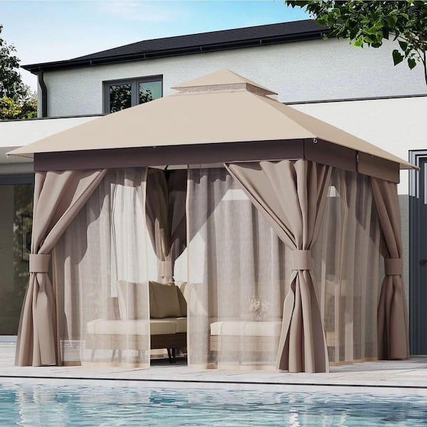 10 ft. x 10 ft. Khaki Outdoor Patio Gazebo with Double Roof, Nettings and Privacy Screens