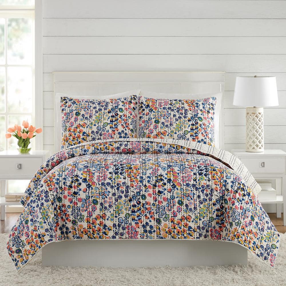 Blue Floral Cotton Twin Reversible Quilt Set