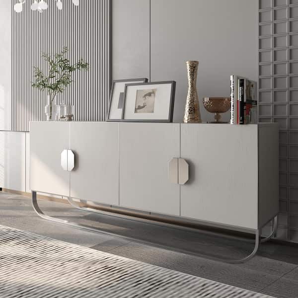 Boyel Living White MDF  4-Door 70.87 in. Modern Buffet Sideboard Dining Table with U-Shaped Stainless Steel Legs