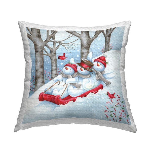 Stupell Industries Snowmen Sledding Winter Slope Scene Blue Square Outdoor Throw Pillow