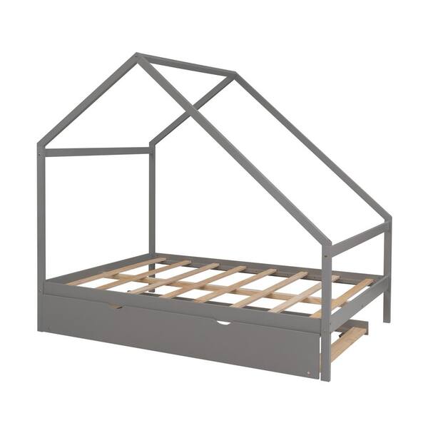 Qualler Gray Full Size Wooden House Bed with Twin Size Trundle