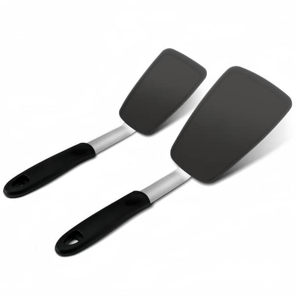 Flexible Silicone Spatula Turner with 600F Heat Resistant for Flipping Eggs, Burgers, Crepes and More, Black (2-Pack)