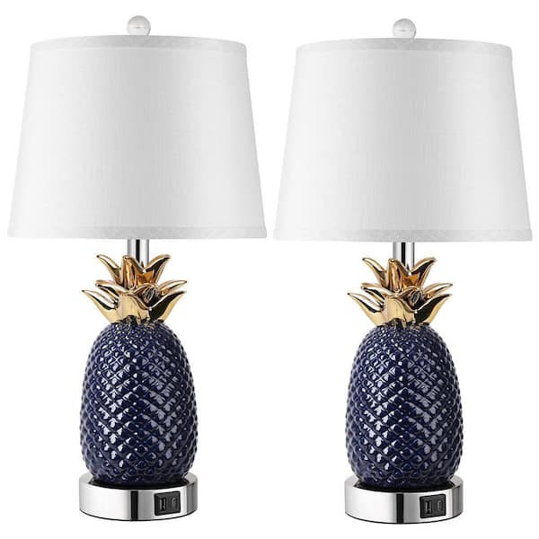 22 in. Modern Blue Bedside Lamp with 3-Way Dimmable Touch Control Ceramic Table Lamp with 2 USB Ports (Set of 2)