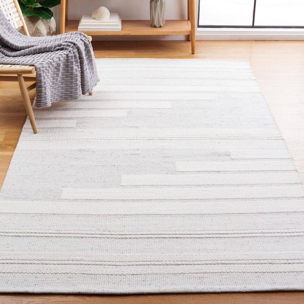 Ivory and Light Grey Square Flat Woven Wool Rug