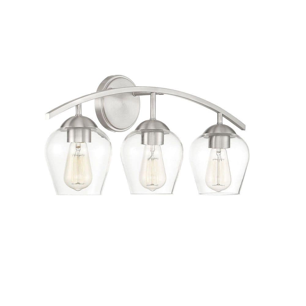 Brushed Nickel 3-Light Bathroom Vanity Fixture with Clear Glass Shades
