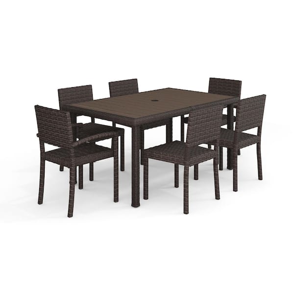 Bedford Brown Rattan Wicker 7-Piece Indoor-Outdoor Dining Set with 6 Stackable Dining Chairs and 60 in. Patio Table