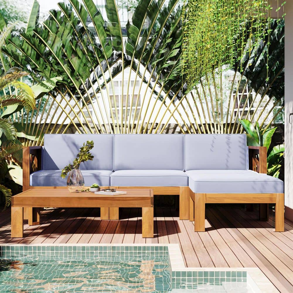 5-Pieces Wood Patio Conversation Seating Set, Outdoor Sectional Sofa Seatin