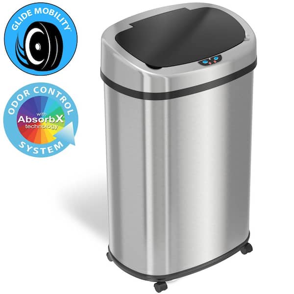 iTouchless 13 Gal. / 49 Liter Oval Household Metal Trash Can with Sensor Lid, Wheels and Odor Filter