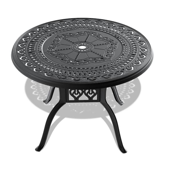 Zeus & Ruta 39.37 in. Round Cast Aluminum Patio Dining Table with Black Frame and Umbrella Hole for Backyard, Balcony and Poolside