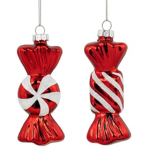 4 in. Shiny Red and White Glittered Candy Christmas Glass Ornaments (Set of 2)