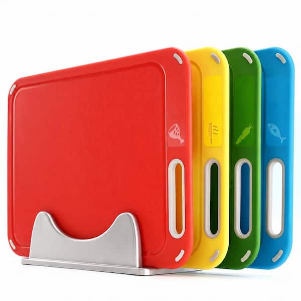 4-Piece Multicolor Plastic Cutting Board Set with Holder, Color-Coded for Meat Fish Vegetables Bread, BPA-Free