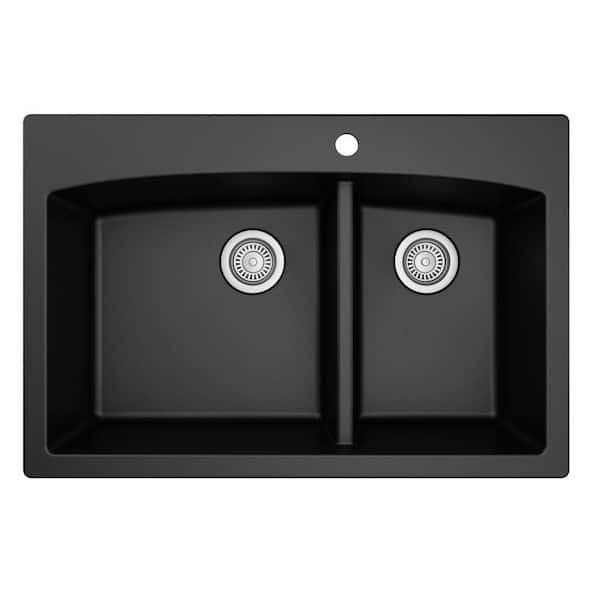 Drop-In Quartz/Granite Composite 33 in. 60/40 Double Bowl Kitchen Sink in Black