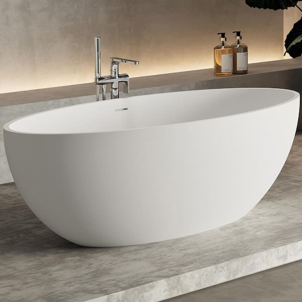 60.9 in. x 30.58 in. Stone Resin Solid Surface Freestanding Flatbottom Soaking Bathtub with Drain in Matte White