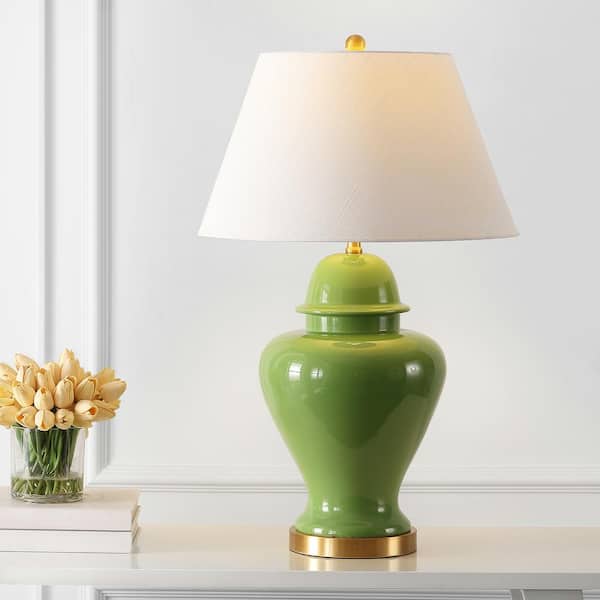 JONATHAN Y Sagwa 33 in. Green Ceramic/Iron Modern Classic LED Table Lamp