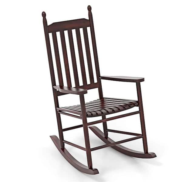 Costway Brown Wood Outdoor Rocking Chair with Solid Rocking Base Slatted Seat and Back