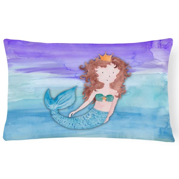 Caroline's Treasures 12 in. x 16 in. Multi-Color Lumbar Outdoor Throw Pillow Brunette Mermaid Watercolor