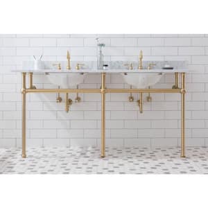 Embassy 72 in. Double Sink Carrara White Marble Countertop Washstand in Satin Gold PVD with P-Trap