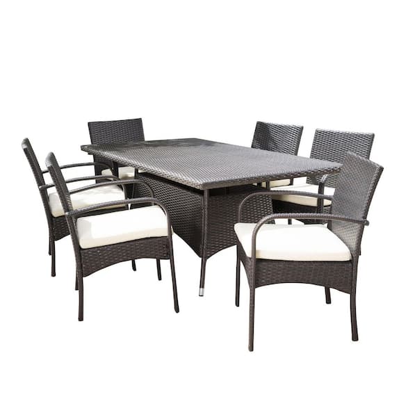 Noble House Rudolph Multi-Brown 7-Piece Faux Rattan Patio Outdoor Dining Set