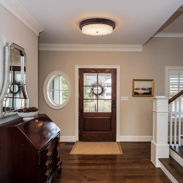 18.5 in. 28-Watt Matte Walnut Nordic Round Integrated LED Semi-Flush Mount with Crystal Sand Glass Shade