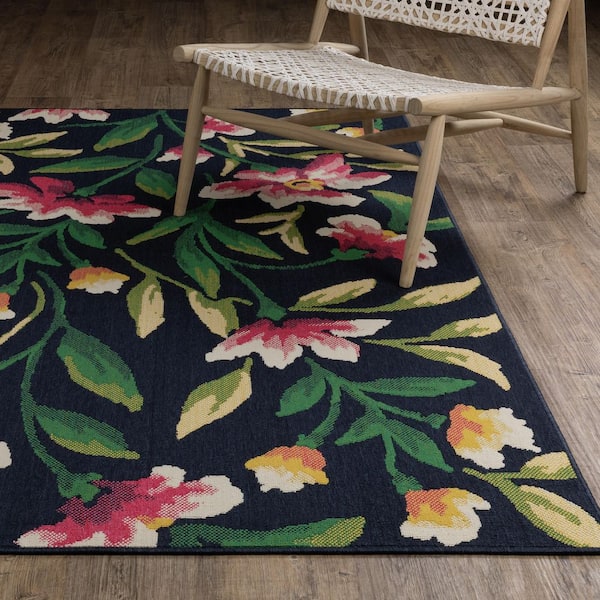 Hibiscus Navy/Multi 2 ft. x 7 ft. Botanical Floral Garden Polypropylene Indoor/Outdoor Runner Area Rug
