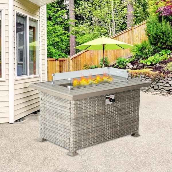 Unbranded Outdoor Patio Propane Gas Fire Rectangle Table Metal Dining Table with Aluminum Tabletop and Glass Wind Guard Beige