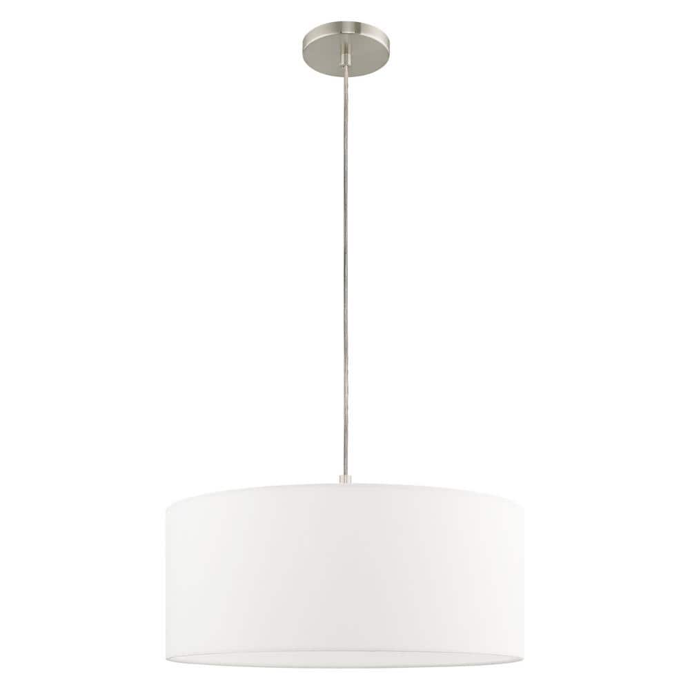 Brushed Nickel Drum Pendant with Off-White Fabric Shade