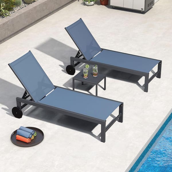 PURPLE LEAF Aluminum Drak Grey Frame Outdoor Metal Patio Chaise Lounge with Side Table and Wheels, Indigo