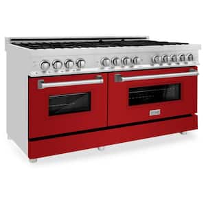 60 in. 9-Burner Double Oven Dual Fuel Range with Red Gloss Door in Stainless Steel