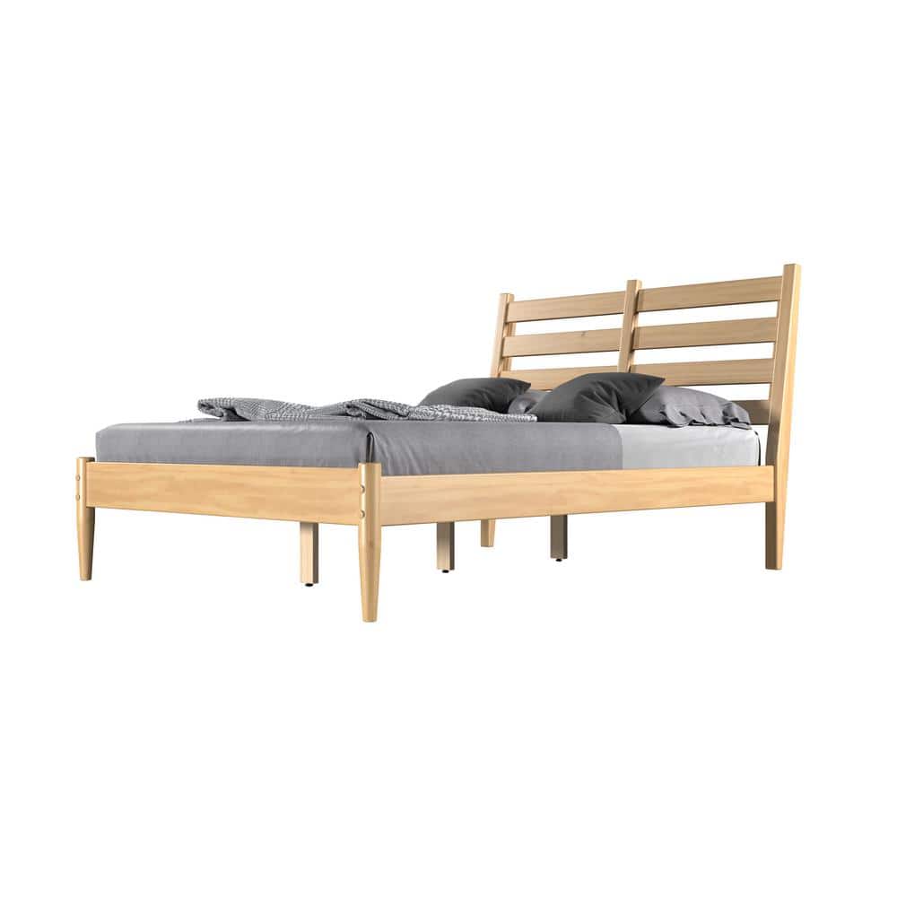 Mid-Century Queen Platform Bed with Slatted Pine Wood Headboard