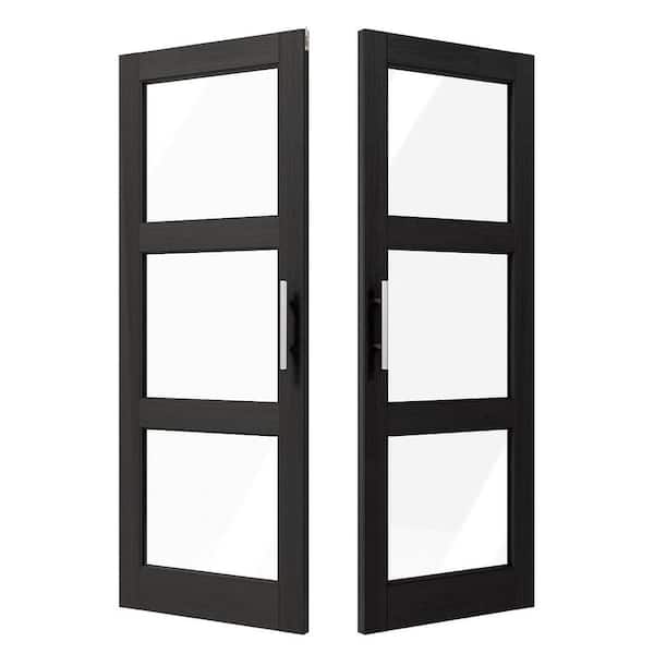 60 in. x 80 in. MDF, 3 Lite, Clear Glass, Black, Composite Pantry Door, Interior Door Slab w/ Ball Catch and Top Latch