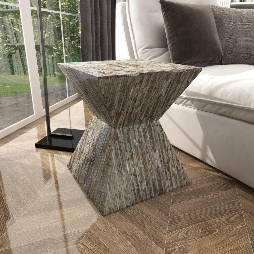 Handcrafted Shell Inlay Wooden Accent Table - Black and Gray